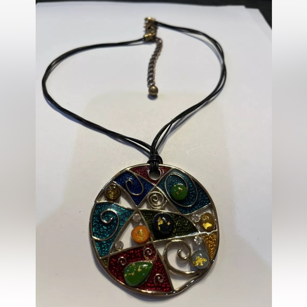 CHICO's Bold & Colorful LARGE Enamel Pendant & Rhinestone Necklace